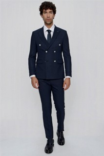 Suit - بدلة نحيفة مخططة مزدوجة الصدر مخططة باللون الأزرق الداكن بقصة ضيقة 6 إسقاط للرجال 100350996 - Turkey
