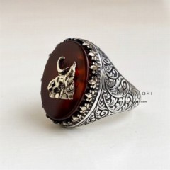 Gray Wolf Motif On Agate Stone Silver Ring 100347964
