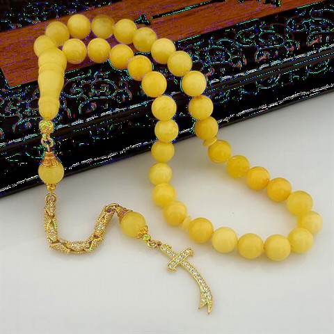 Zircon Stone Detailed Drop Amber Silver Tasseled Rosary 100349565