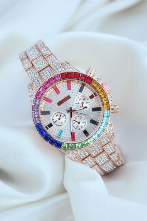 Woman Watch - Trend Rose Metal Band Zircon Stone Plated Colorful Stone Case Design Luxury Women's Wristwatch 100326516 - Turkey