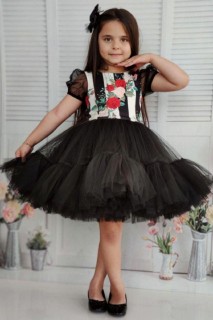 Kids - Girl Rose Fluffy Striped Black Evening Dress 100326779 - Turkey