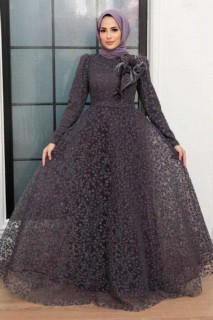 Woman Clothing - Dark Lila Hijab Evening Dress 100341364 - Turkey