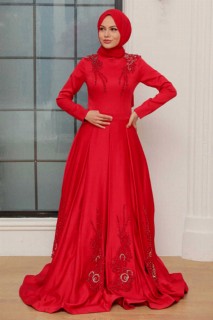 Woman - Red Hijab Evening Dress 100340717 - Turkey