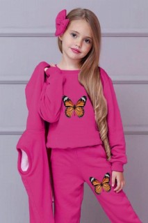 Girl's Butterfly Printed Hooded 4-Piece Fuchsia Tracksuit Suit 100344680