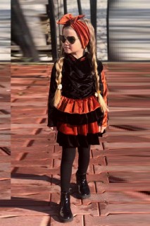 Girl's Hooded Stripe Detailed Layered Tile-Black Velvet Dress 100327159