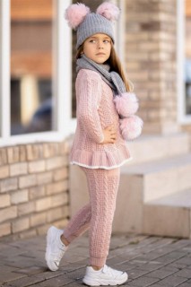 Girls' Scarf And Beret Patterned Pink Knitwear Bottom Top Set 100327023