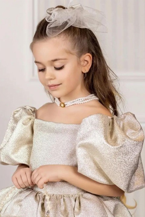 Girl's Pearl Necklace and Bag Balloon Sleeve Shining Gold Evening Dress 100328362