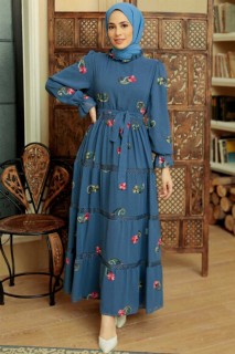 Clothes - İndigo Blue Hijab Dress 100341695 - Turkey