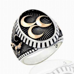 Moon Star Rings - Oval Three Crescent Motif Wolf Patterned Sterling Silver Men's Ring 100348800 - Turkey