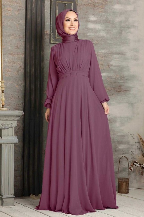 Evening & Party Dresses - Dark Dusty Rose Hijab Evening Dress 100333067 - Turkey