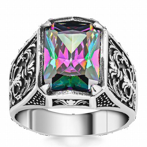 Men Shoes-Bags & Other - Flower Patterned Mystic Topaz Stone Sterling Silver Men's Ring 100350366 - Turkey