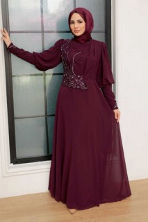 Wedding & Evening - Plum Color Hijab Evening Dress 100340919 - Turkey