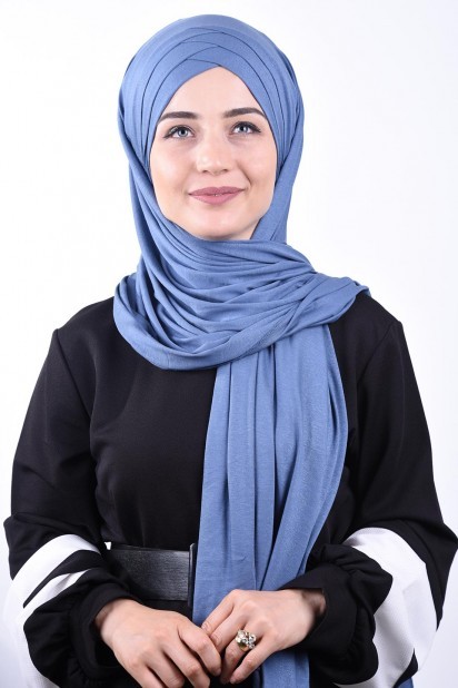 Ready to wear Hijab-Shawl - 3-Streifen-Schal aus gekämmter Baumwolle Indigo - Turkey