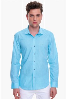 Men Turquoise 100% Cotton Slim Fit Slim Fit Straight Italian Collar Long Sleeve Shirt 100351244