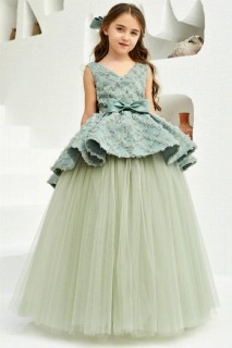 Girl Clothing - Girl's V-Neck and Zero Sleeve Floral Embroidered Green Evening Dress 100328263 - Turkey