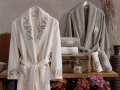 Set Robe - Larosa Luxury Embroidered Cotton Bathrobe Set Cream Beige 100280354 - Turkey