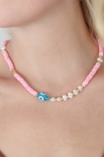 Necklaces - Pink Bead Evil Eye Bead Figure Pearl Heart Detail Women's Necklace 100327943 - Turkey