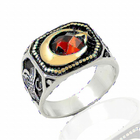 Silver Rings 925 - Zircon Stone Moon Star Motif Sterling Silver Men's Ring 100349081 - Turkey