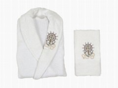 Bathroom - Scar Embroidered 100% Cotton Single Bathrobe Set White 100329402 - Turkey