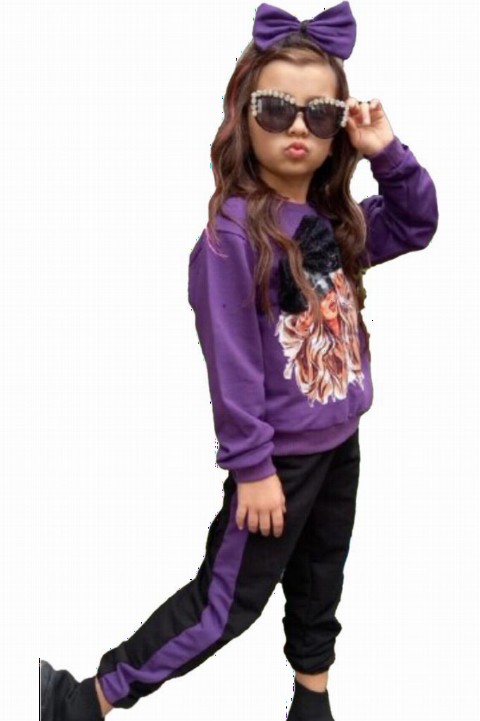 Tracksuits, Sweatshirts - Boys' Lace Bow Sweet Girl Purple Tracksuit Suit 100327013 - Turkey
