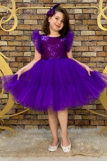 Evening Dress - Robe de soirée violette en tulle moelleux à manches volantées pour fille 100328395 - Turkey