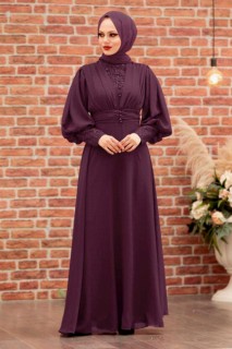 Wedding & Evening - Plum Color Hijab Evening Dress 100338282 - Turkey