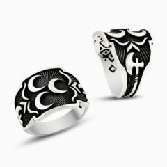 Moon Star Rings - Special Black Background Three Crescent Ax Patterned Silver Men's Ring 100348786 - Turkey