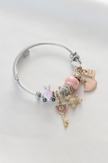 Pink Color Key Figure Teddy Bear Detail Steel Charm Women's Bracelet 100328155