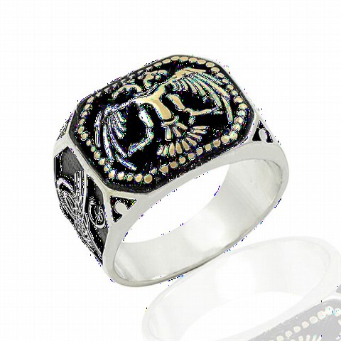 Animal Rings - Double Headed Eagle Symbol Silver Men's Ring With Ottoman Tugra on the Edge 100348590 - Turkey