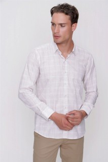 Shirt - Men's Brown Linen Long Sleeve Slim Fit Comfy Cut Shirt 100350880 - Turkey