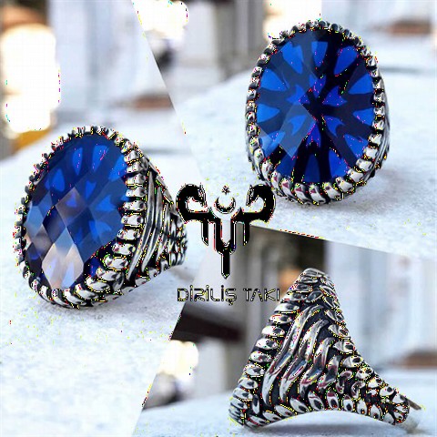 Zircon Stone Rings - Blue Zircon Stone 925 Sterling Silver Men's Ring 100349249 - Turkey
