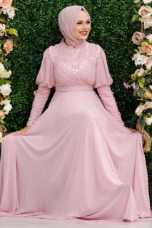 Wedding & Evening - Powder Pink Hijab Evening Dress 100337762 - Turkey