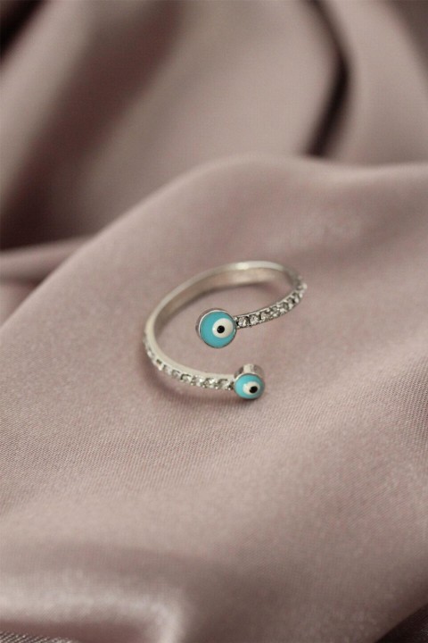 Rings - Silver Color Metal Zircon Stone Blue Evil Eye Bead Detailed Women's Ring 100319484 - Turkey