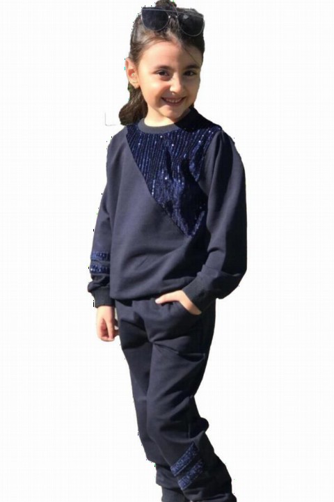 Girls - Girls' Navy Blue Tracksuit with Pulp Embroidered Tracksuit 100327043 - Turkey