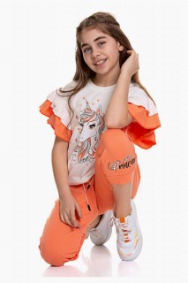 Girl's Sleeves Frilly and Unicorn Pony Printed Orange Tracksuit Suit 100328259
