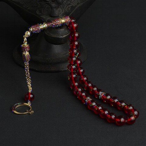 Rosary - Red Grain Tassel Crescent and Star Detailed Fire Amber Rosary 100349430 - Turkey