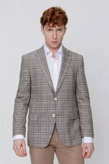 Men's Brown Linen Woven Plaid Checked Dynamic Fit Casual Fit 6 Drop Jacket 100350889