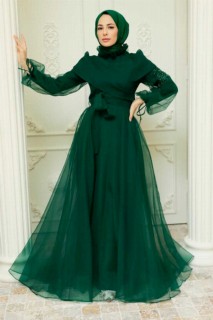 Wedding & Evening - Green Hijab Evening Dress 100341597 - Turkey