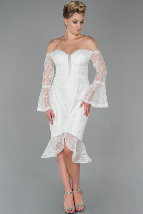 Woman Clothing - Evening Dress Long Sleeve Skirt Frilly Guipure Midi Invitation Dress 100297265 - Turkey