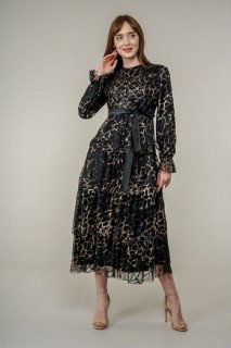Daily Dress - Blattbedrucktes mehrlagiges Tüllkleid für Damen 100326018 - Turkey