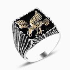 Square Eagle Motif Embroidered Silver Ring 100346805