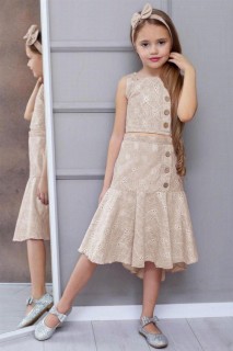 Girls - Boy's Front Button Detailed Zippered Embroidered Beige Skirt Set 100328466 - Turkey