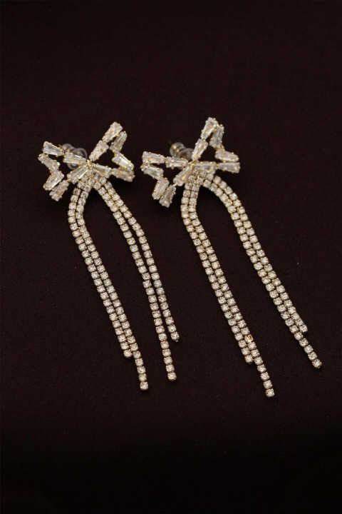 jewelry - Steel Gold Color Baguette and Zircon Stone Bow Detailed Long Earrings 100319638 - Turkey