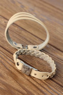 Patterned Metal Accessory Cream Color Leather Men's Bracelet Combined 100318791