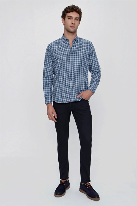 Men's Blue Melange Checked Regular Fit Comfy Cut Pocket Shirt 100351017