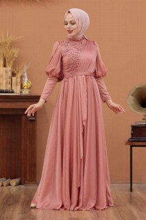 Woman Clothing - Dark Salmon Pink Hijab Evening Dress 100337895 - Turkey