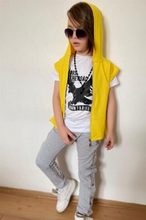 Boy Eagle Printed Zipper Detailed Hooded Vest Yellow Tracksuit Suit 100328433
