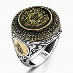 Seal of Prophet Solomon Embroidered Zircon Stone Silver Men's Ring Black 100348146