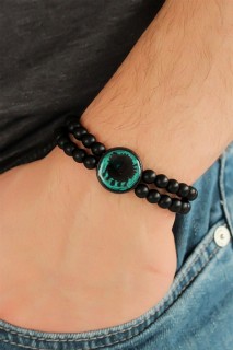Bracelet - Black Color Double Row Natural Stone Men's Bracelet With Ottoman Coat Of Arms Figure On Green Colored Metal 100318436 - Turkey