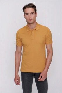 Men Clothing - Men's Mustard Yellow Basic Plain 100% Cotton Dynamic Fit Comfortable Fit Short Sleeve Polo Neck T-Shirt 100351365 - Turkey